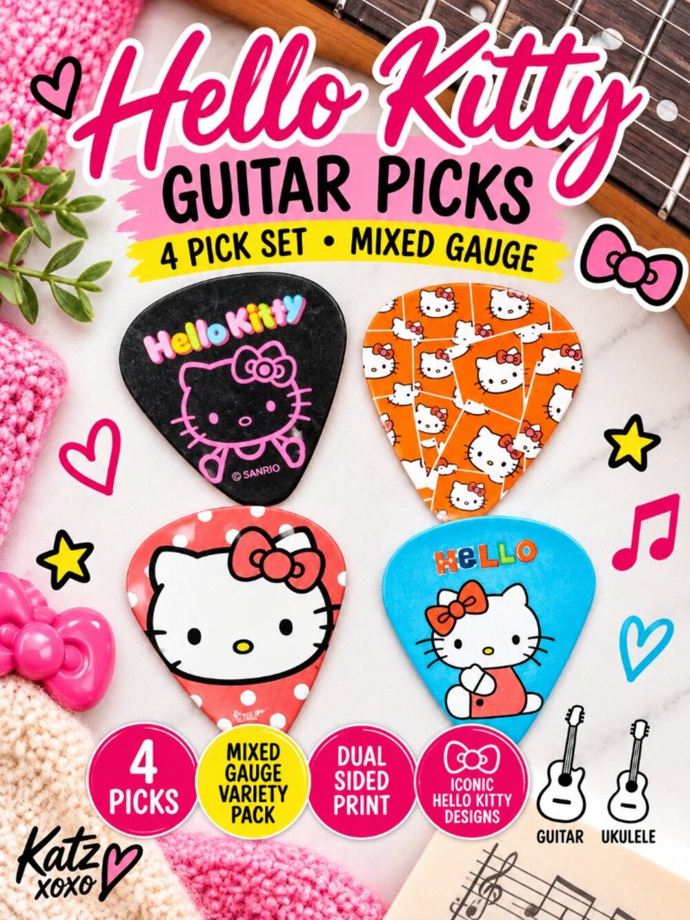 Hello Kitty Guitar Picks Set 4pcs Kawaii Red Black Variety Plectrum Pack Kawaii